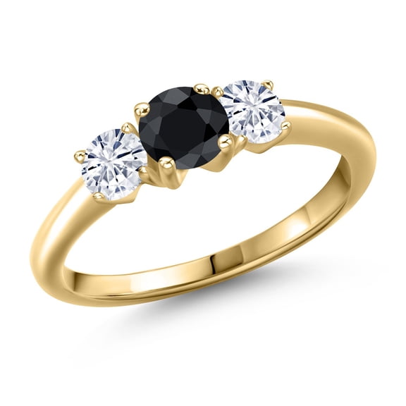 Gem Stone King 10K Yellow Gold Black Sapphire and White Moissanite Engagement Ring for Women | 1.15 Cttw | Round 5MM | Gemstone September Birthstone | Size 5