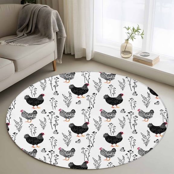 Rooster Farmhouse Black Round Area Rug 3Ft Washable Small Circle Rugs for Kitchen Entryway, Farm Animals Simple Art Modern Non-Slip Carpet Floor Mats Indoor Outdoor Carpet Runner Aesthetic Home Decor