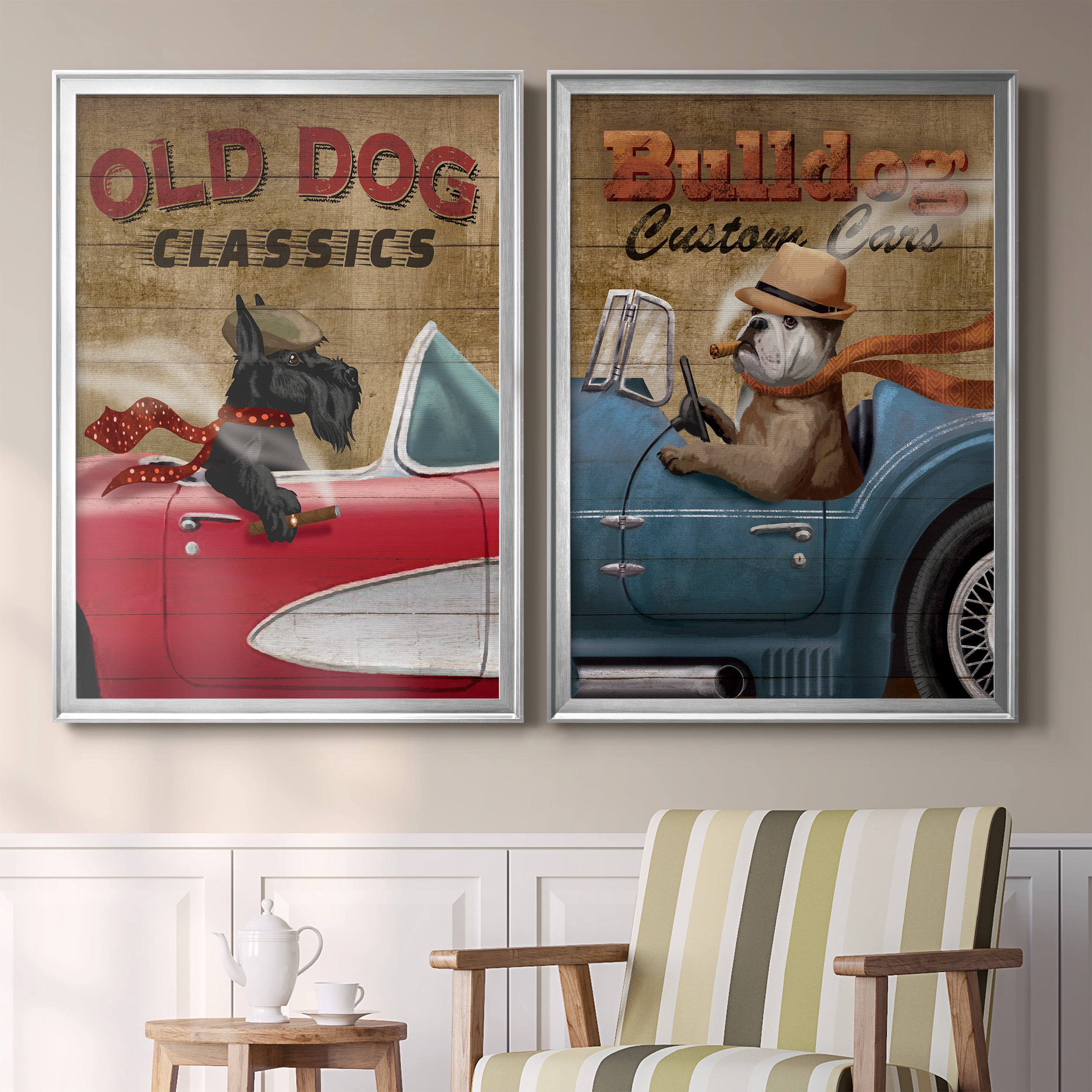 2 Piece Set Old Dog Classics Premium Framed Canvas - Ready to Hang - 26.5 x 36.5 Each - Silver Frame