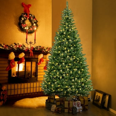 Costway 8 FT Pre-Lit Artificial Christmas Tree with 360 Warm White LED Lights Metal Stand