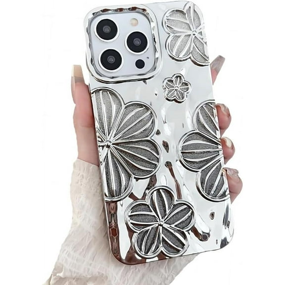 for iPhone Case,Luxury 3D Flower Hollow Floral ElectroPlated Gradient Bumper Camera Lens Protection Soft Shockproof Phone Case (Silver,iPhone 12 Pro)
