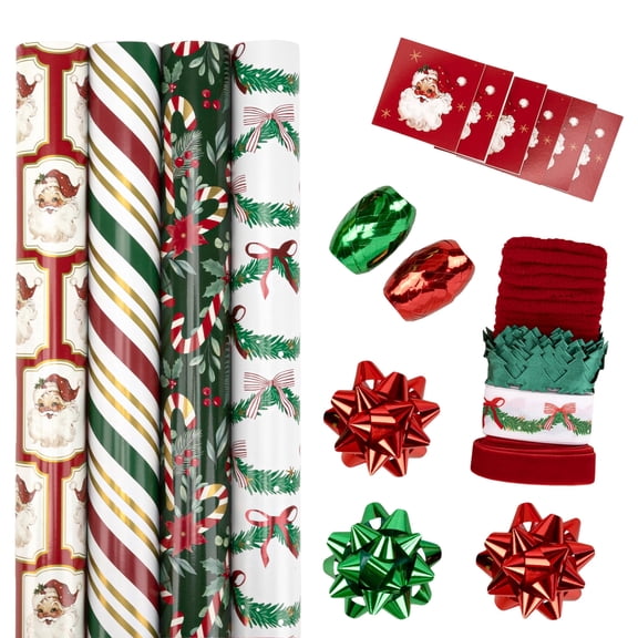 LaRibbons 30" x 10' Holiday Reversible Metallic Gift Wrap Kit | Vintage Santa and Holiday Greens