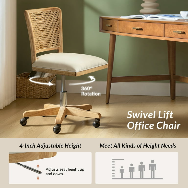 Stylish Swivel Office Chair with Rattan Back & Cute Desk Accent