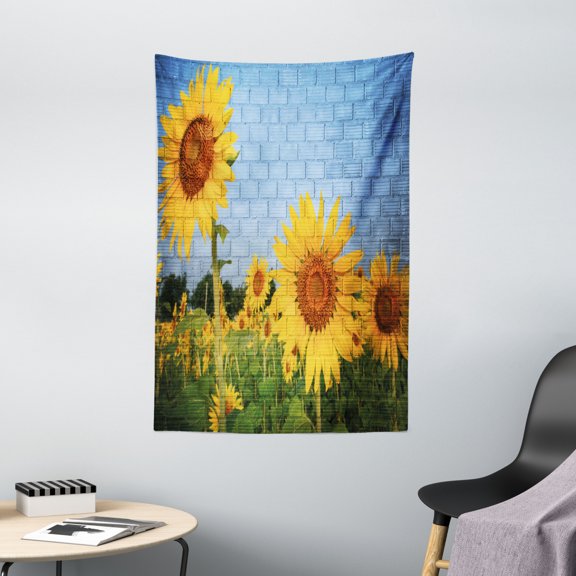 Brick Wall Tapestry, Sunflower Drawing on Wall Peaceful Habitat Meadow Valley in Rural Village, Wall Hanging for Bedroom Living Room Dorm Decor, 40W X 60L Inches, Yellow Green, by Ambesonne