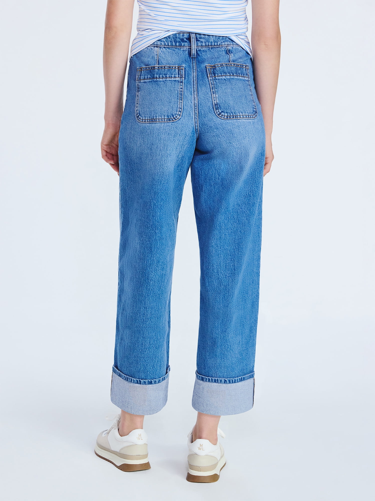 Free Assembly Women’s High Rise Cuffed Jean Pants with Patch Pockets, 30" Inseam, Sizes 0-28W