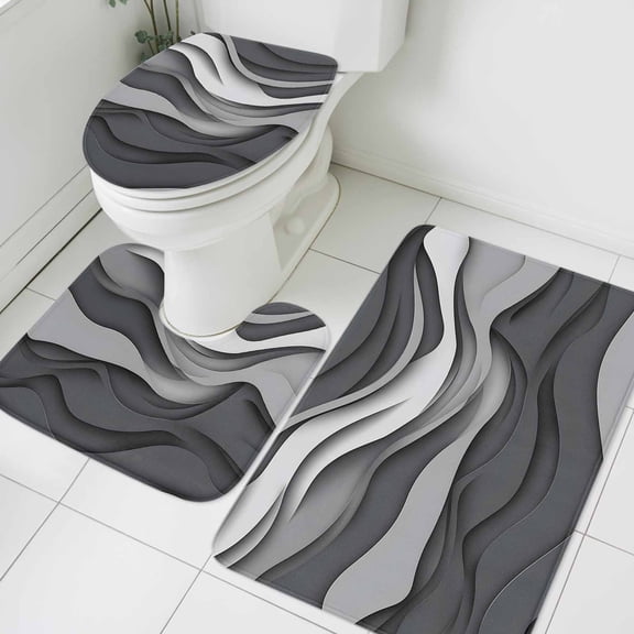 Black Gray Bathroom Rugs Set Gradient Ocean Wave Geometric Abstract Modern Non Slip Absorbent Soft Bath Mats 3 Piece Set with Bathroom Rug, U-Shaped Floor Mat, Toilet Seat Cover Large Size