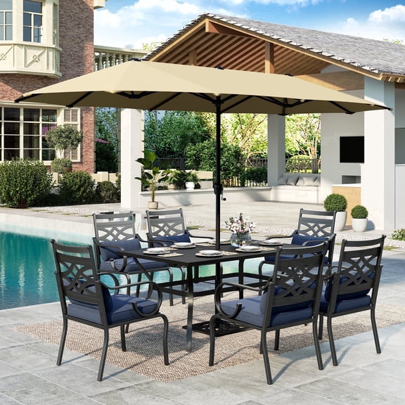 SUMMIT LIVING 8-Piece Outdoor Patio Dining Set with 13 ft Umbrella, Metal Steel Rectangle Table & 6 ArmChairs with Removable Cushions, Black & Beige