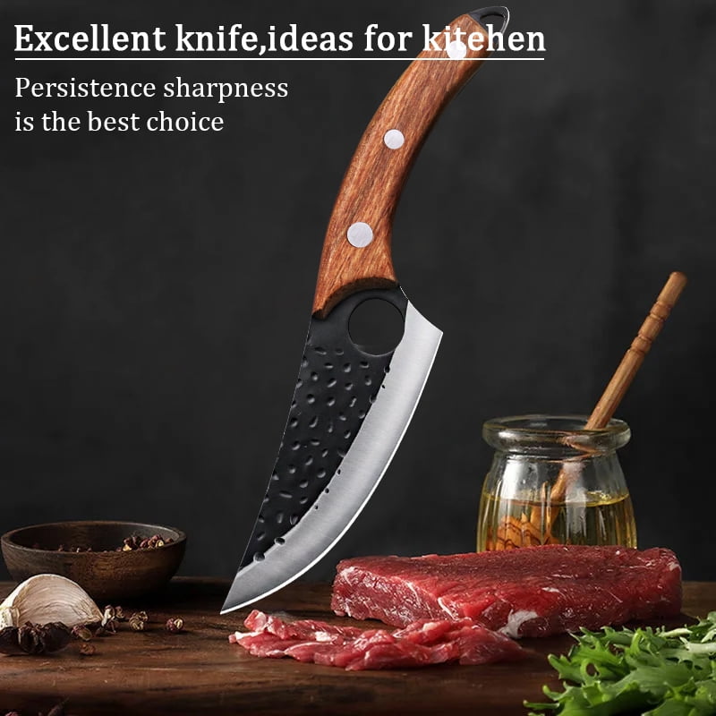3 Pieces Hand Forged Kitchen Knife Set, High Carbon Steel Cleaver Knives with Solid Wood Handle, Multi-Purpose Chopping Cutting Tools for Home Kitchen Cooking