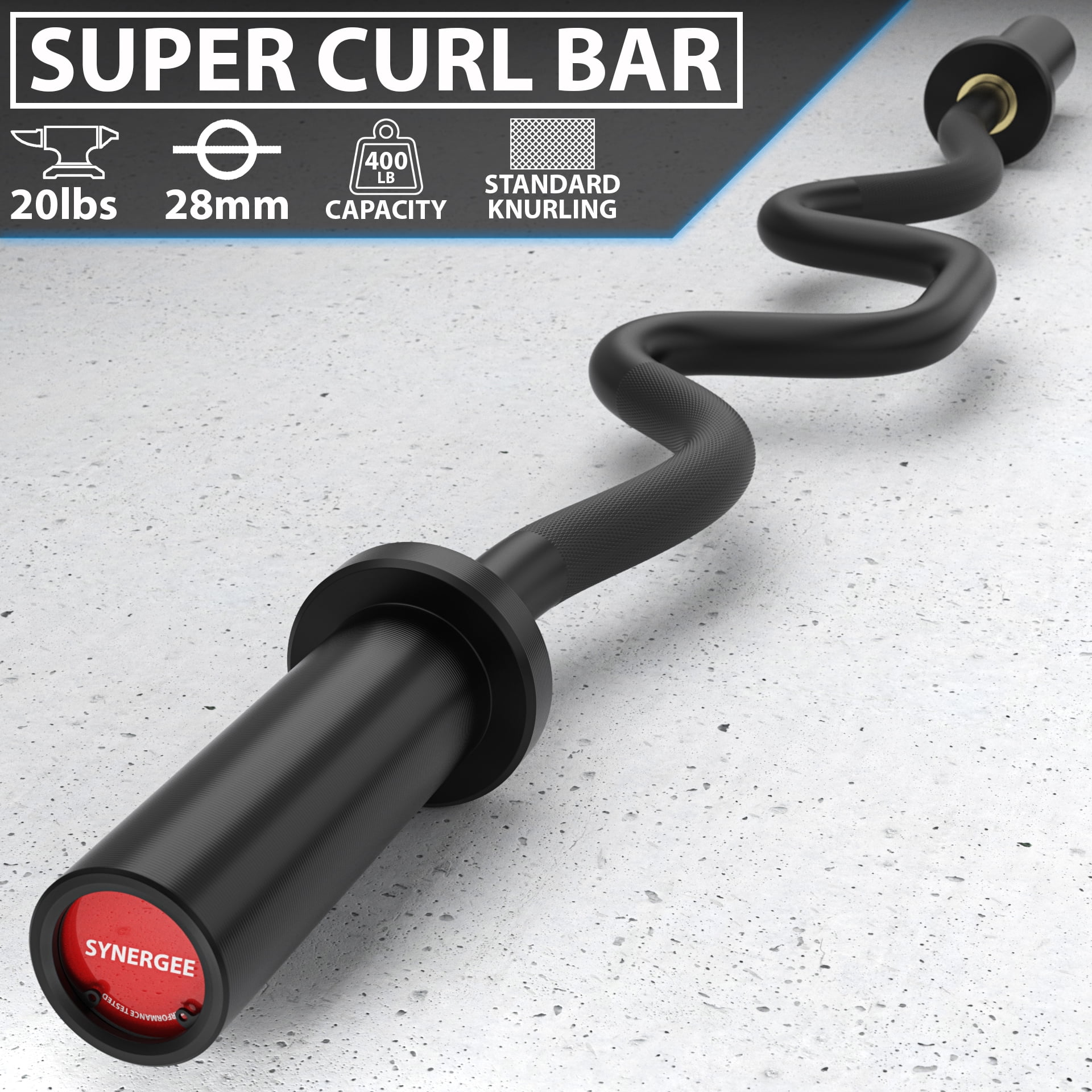 Synergee Commercial Super Easy Curl Olympic Bar Black Phosphate with Powder Coated Brass Bushings Excellent for Bicep Curls and Triceps Extensions