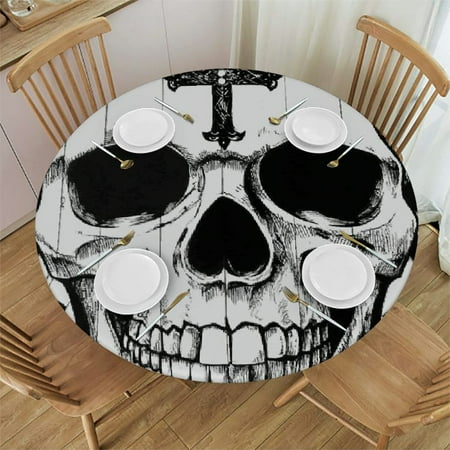 

Autua Skull Cross Pattern Round Table Cover Stain Resistant Washable for Indoor Outdoor Kitchen Dining Wedding Parties with Elastic Edge 100% Polyester Fiber 42 -46