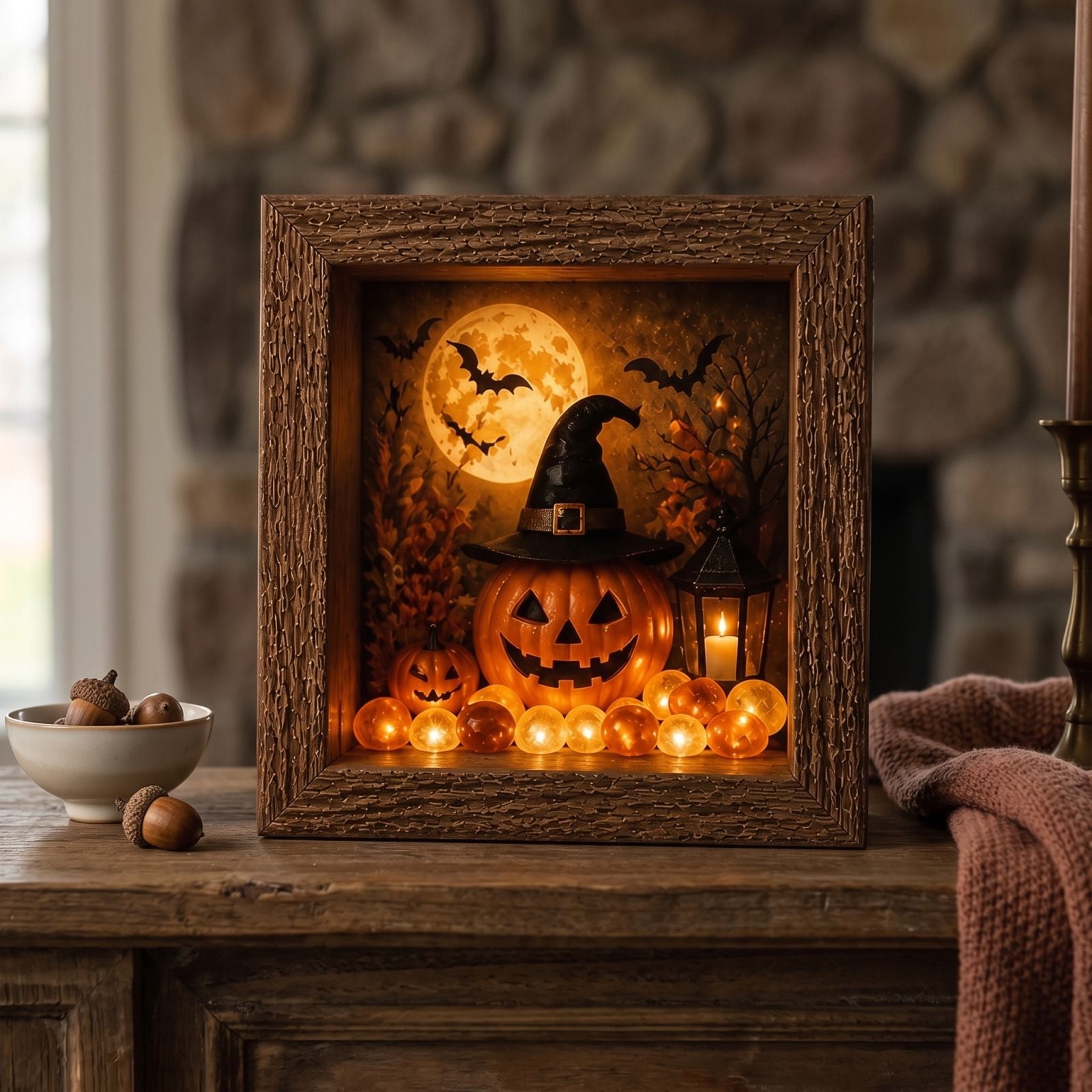Clearnace Halloween Shadow Box Frame DIY Light Kit Plastic Wood Spooky Craft Display with Lighting Effect Manual Set for Home Party Tabletop Decor Gift
