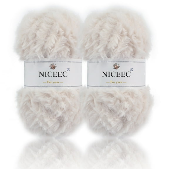 NICEEC 2 Skeins Super Soft Fur Yarn Chunky Fluffy Faux Fur Yarn Eyelash Yarn for Crochet Knit-Total Length 2×32m(2×35yds,50g×2)-White