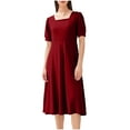 thumbnail image 2 of Fartey Womens Summer Short Sleeve Midi Dresses Elegant Square Neck Dress Fashion Solid Color A-Line Dresses Business Casual Work Dress Wine L, 2 of 8