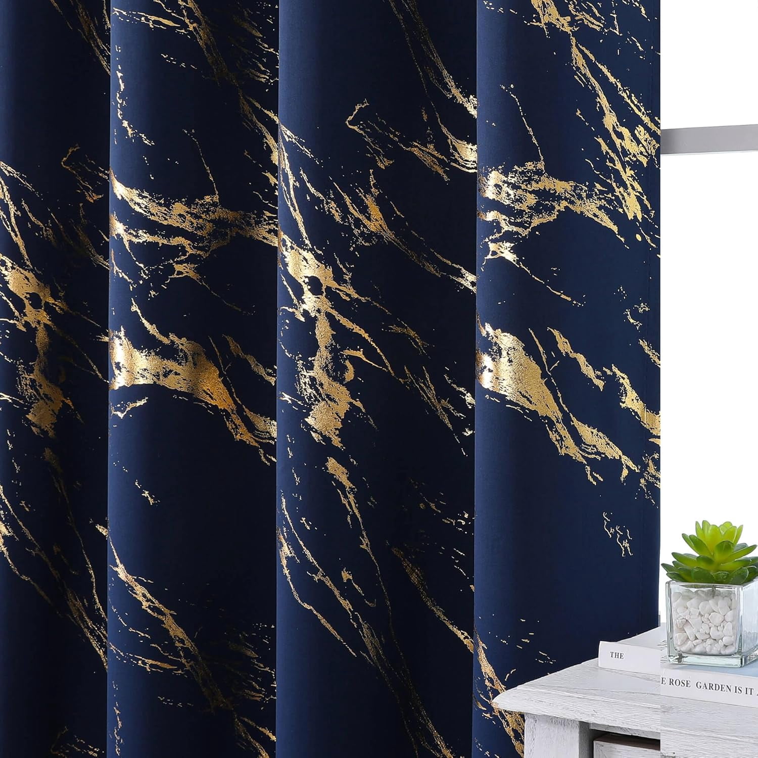 Navy Blue and Gold Blackout Patterned Curtains, Gold Marble Printed Thermal Insulated Curtain Modern Abstract Drapes for Bedroom Living Room Dining Room 42"W x 84"L (Pack of 2)