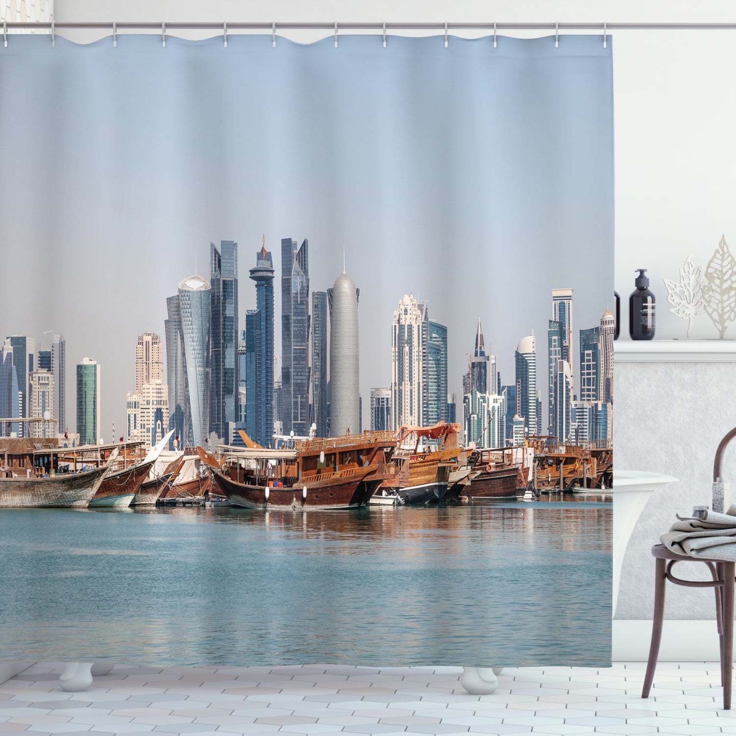 Modern Shower Curtain, Qatar City Skyline at Dhow Middle Eastern Coast