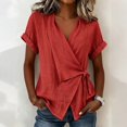 thumbnail image 2 of Linen-Blend Surplice Wrap Top for Women, Short Sleeve V-Neck Tie-Front Blouse with Rolled Cuffs - Lightweight Summer Casual Tunic Shirt Red L, 2 of 5