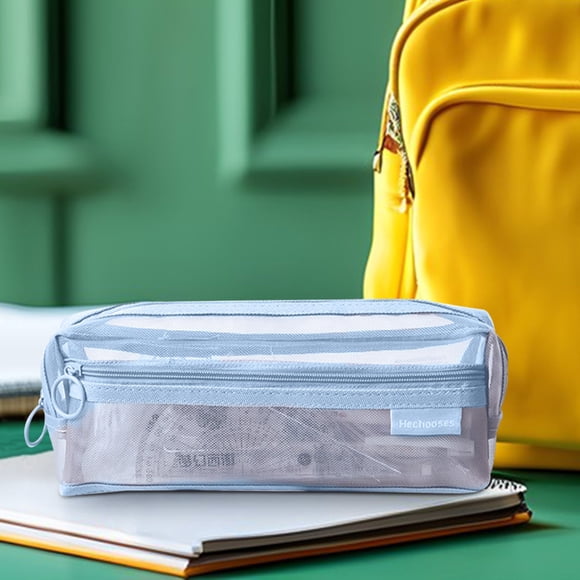 Estuche de lápices de doble capa, transparente y de tela de malla, caja de papelería de gran capacidad para suministros educativos y organizado para exámenes, perfecto para educación media y