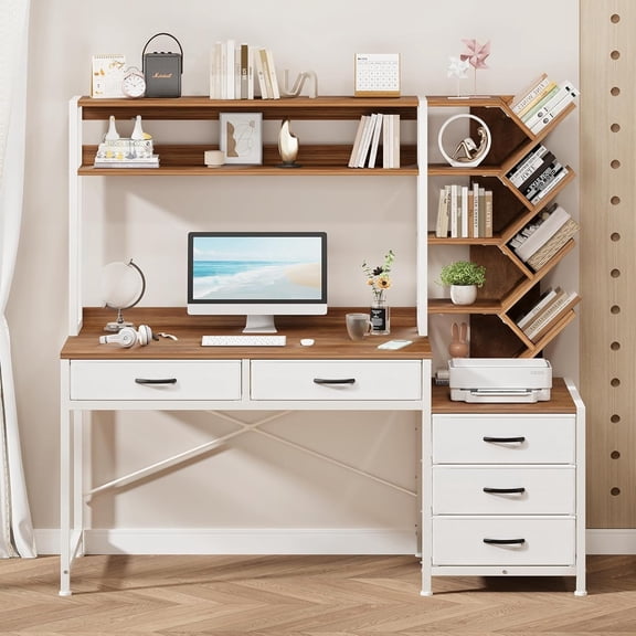 Reversible Computer Desk with Hutch, Home Office Desk with 5 Drawers and Bookshelf, 52'' Study Writing Desk with Storage Shelves for Bedroom Home Office, Brown and White
