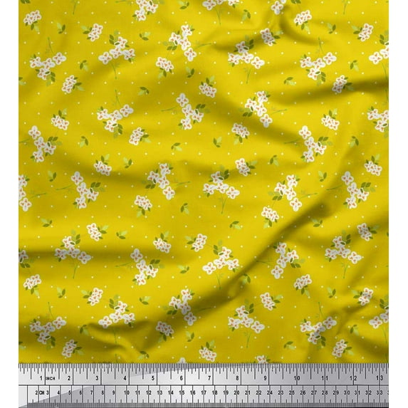 Soimoi Yellow Rayon Fabric Dot,Leaves & White Flower Floral Print Fabric by Yard 42 Inch Wide