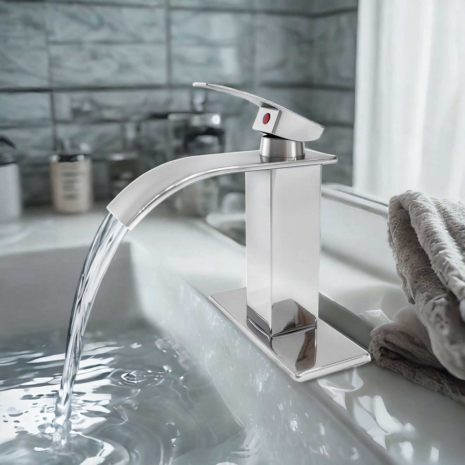 Bathroom Sink Faucet Waterfall Spout Hold & Cold Mixer Tap Single Handle Modern Lavatory Vanity Sink Faucet with Hose Deck Plate for 1 or 3 Holes, Chrome