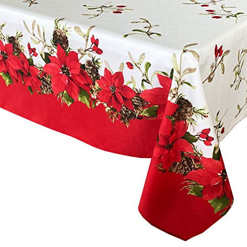 Holiday Winter Christmas Poinsettia Fabric Tablecloth