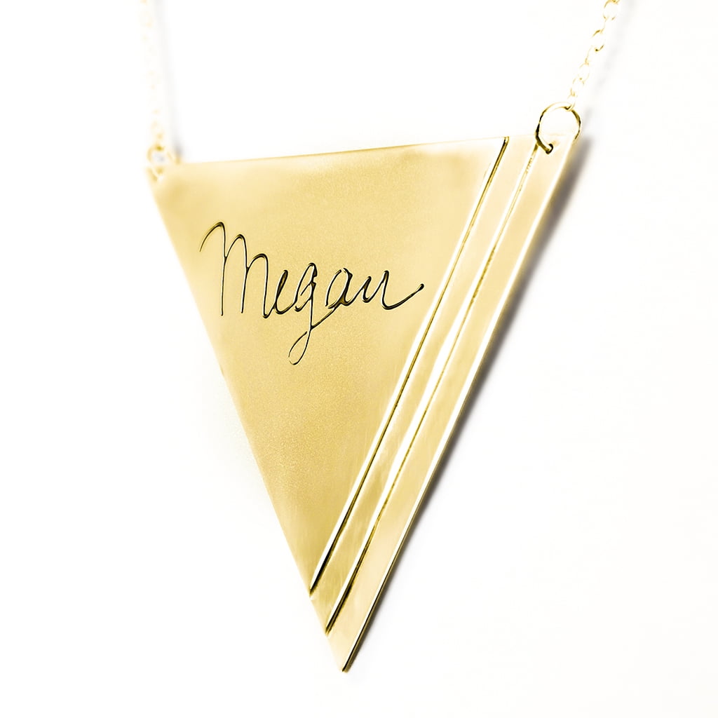 Personalized Engraved Handmade Triangle Name Necklace in 14K Gold Plated Sterling Silver or Sterling Silver