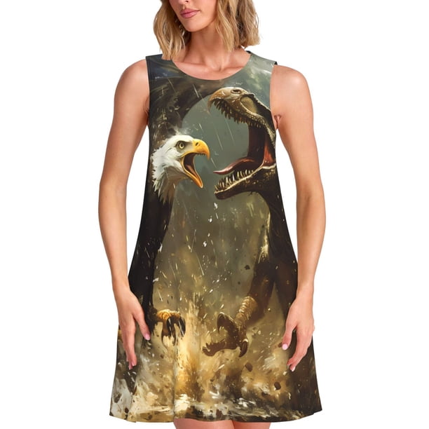 Fotbe Dinosaur Bald Eagle Vestido de Verano sin Mangas para Mujer – Vestido Midi Línea A, Estilo Camiseta Floral, Vestido Playero Casual y Fluido