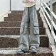 thumbnail image 5 of KVPLBQFD Girls Wide Leg Cargo Jeans Kids Elastic Waist Denim Pants Tweens Distressed Casual Trousers Trendy Streetwear Grunge Emo Clothes, 5 of 8
