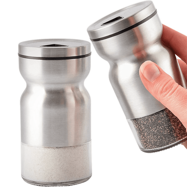 Juego de salero y pimentero de vidrio con orificios ajustables para verter – Salero y pimentero de acero inoxidable – Juego de salero y pimentero de granja para sales marinas y especias kosher