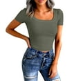 thumbnail image 2 of Dwralegc Women's Short Sleeve Square Neck Tops Ribbed Knit Square Neck Basic Loose Tee Tshirt Casual Fall Blouse Slim Fitted Clothes Army Green XL, 2 of 4