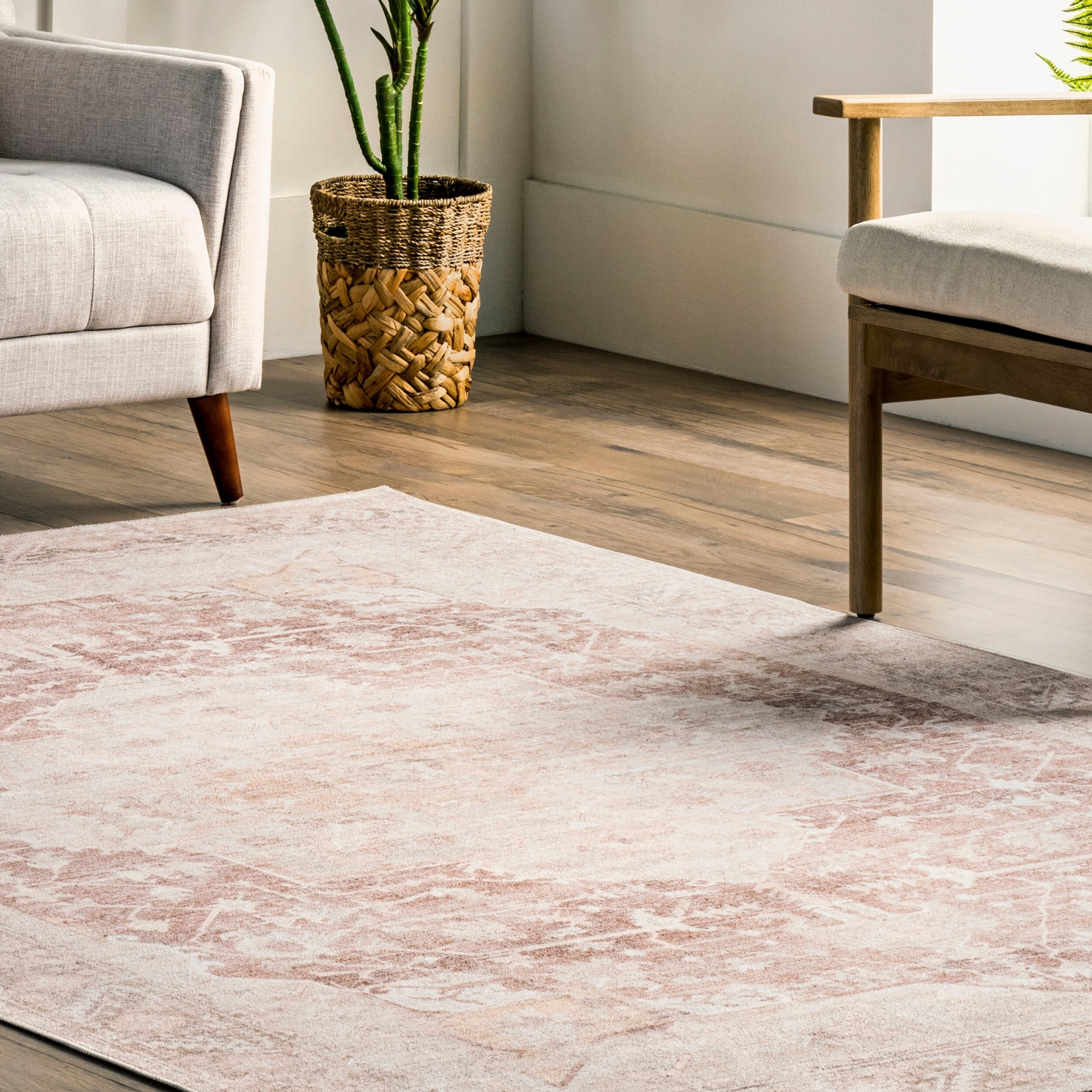 nuLOOM Rosa Machine Washable Distressed Vintage Medallion Area Rug, 8' x 10', Light Pink