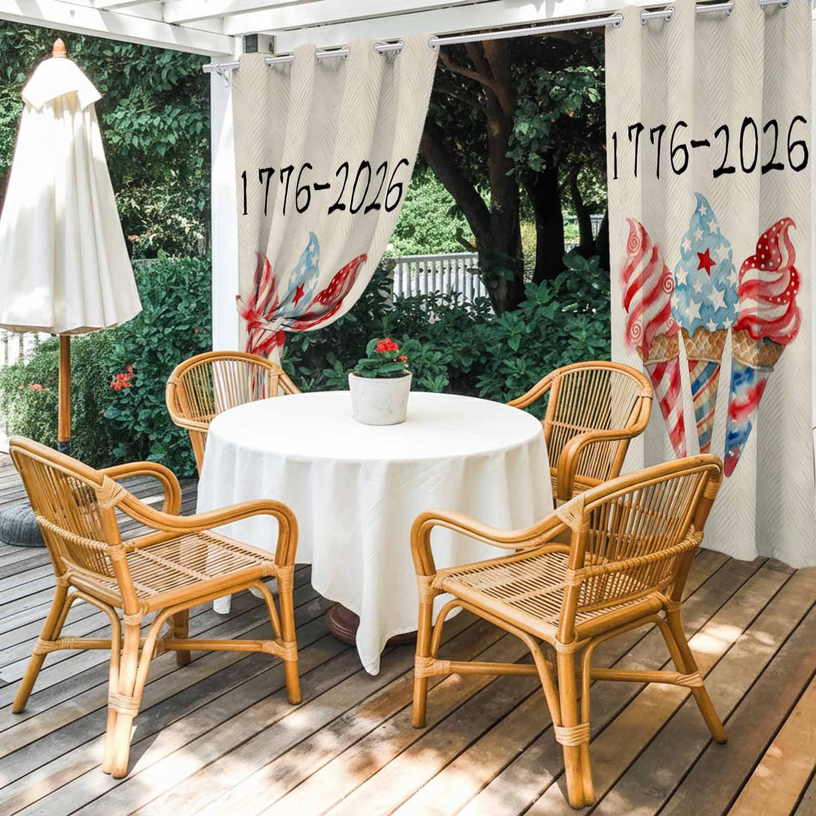 Independence Day Ice Cream Outdoor Curtains for Patio, 4th of July Patriotic Red Blue Star Ice Cream Sunshade Privacy Drapes Grommet Waterproof Outside Curtains for Porch Balcony 54"x108", 1 Panel