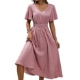 thumbnail image 3 of Women Casual Midi Maxi Dresses Polka Dot Print Short Sleeve V Neck Elastic Waist Boho Beach Dress Pink M, 3 of 9