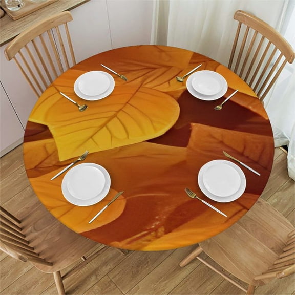HAOXIT Fall Thanksgiving Polyester Round Fitted Table Cloths, Leaves Autumn Wipeable Table Cover, for Outdoor Patio and Indoor Kitchen Dining Party, Fit for Round Table 31-35
