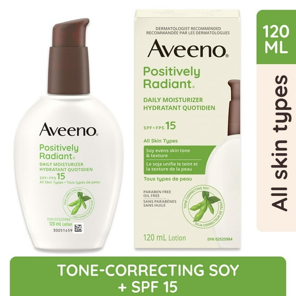 Hydratant quotidien Aveeno Positively Radiant, FPS 15, lotion pour la peau sèche, crème pour le visage, hypoallergénique, formule à base de soja 120 ml