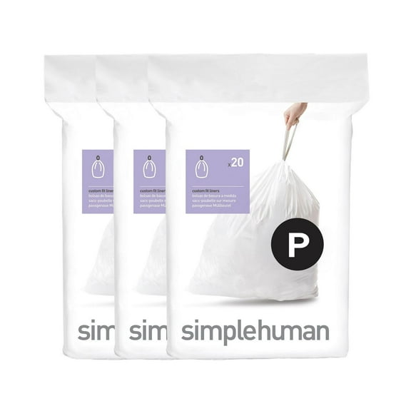 simplehuman Code P 60pk Genuine Custom Fit Liners, 12-Gallons Unscented White Outdoor Plastic Kitchen Drawstring Trash Bag 60 -Count
