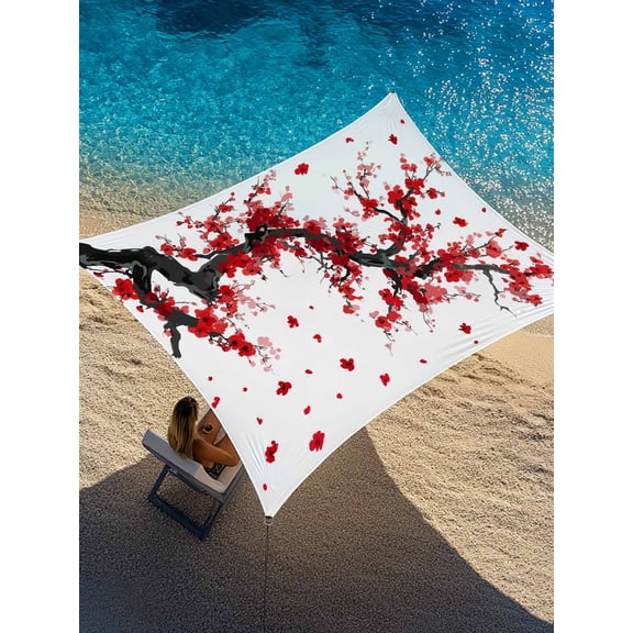 Red Flower Sun Shade Sail 12' x 16', Spring Floral Branch Water Ink Painting Gradient Rectangle Outdoor Sunshade Canopy, Waterproof UV Block Patio Covers for Garden Yard Beach