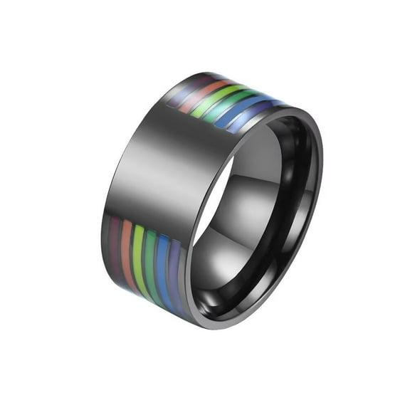 PAMTIER Men's Women's Stainless Steel Black Tone Simple Rainbow Stripe Flag LGBT Gay & Lesbian Pride Ring Couple Wedding Band Blank Size 7