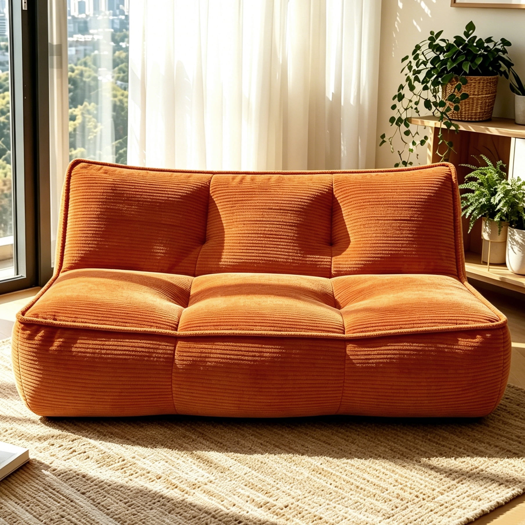 Garitin Bean Bag Sofa and Double Caterpillar Floor Couch 53 Inch, Corduroy Lounger for Living Room Bedroom Dorm, Orange