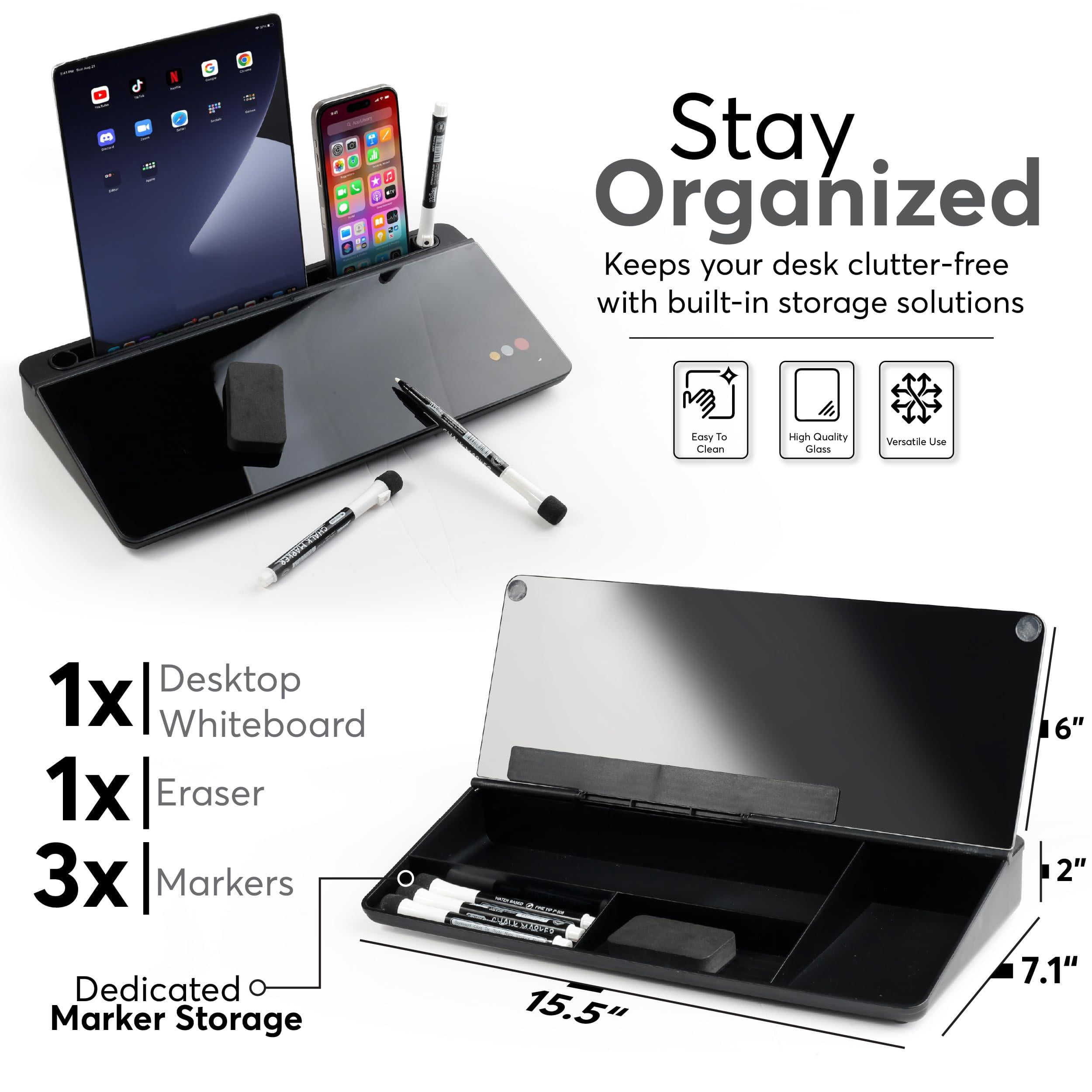 Small Glass Desktop Whiteboard With Storage 15.3"x7.08"x2.16" Inch Dry Erase Board Markers & Duster  Desk White Buddy Organizer For Home Office School (black)