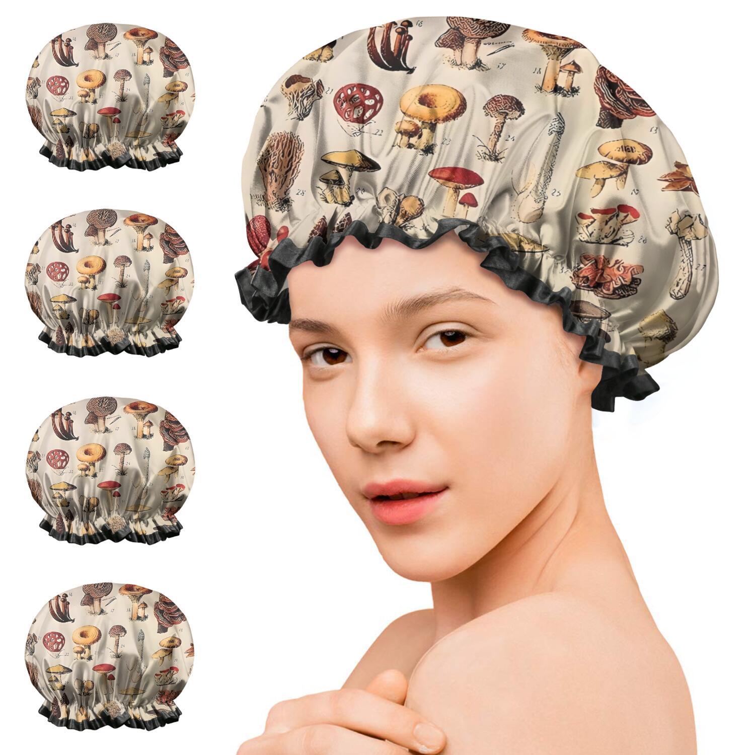 Shower Caps,Brown Mushroom Label Light Pattern Waterproof Shower Cap for Women 4 Pieces,Double Reusable Hair Cover for Shower PEVA Elastic Stretch Hem