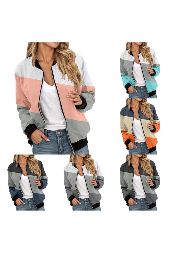 Varsity Color Block Cropped Jacket for Women, Baseball Collar Zip Up, Retro Chic Casual Outerwear, 1 Piece, XS-6XL, Plus Size Friendly