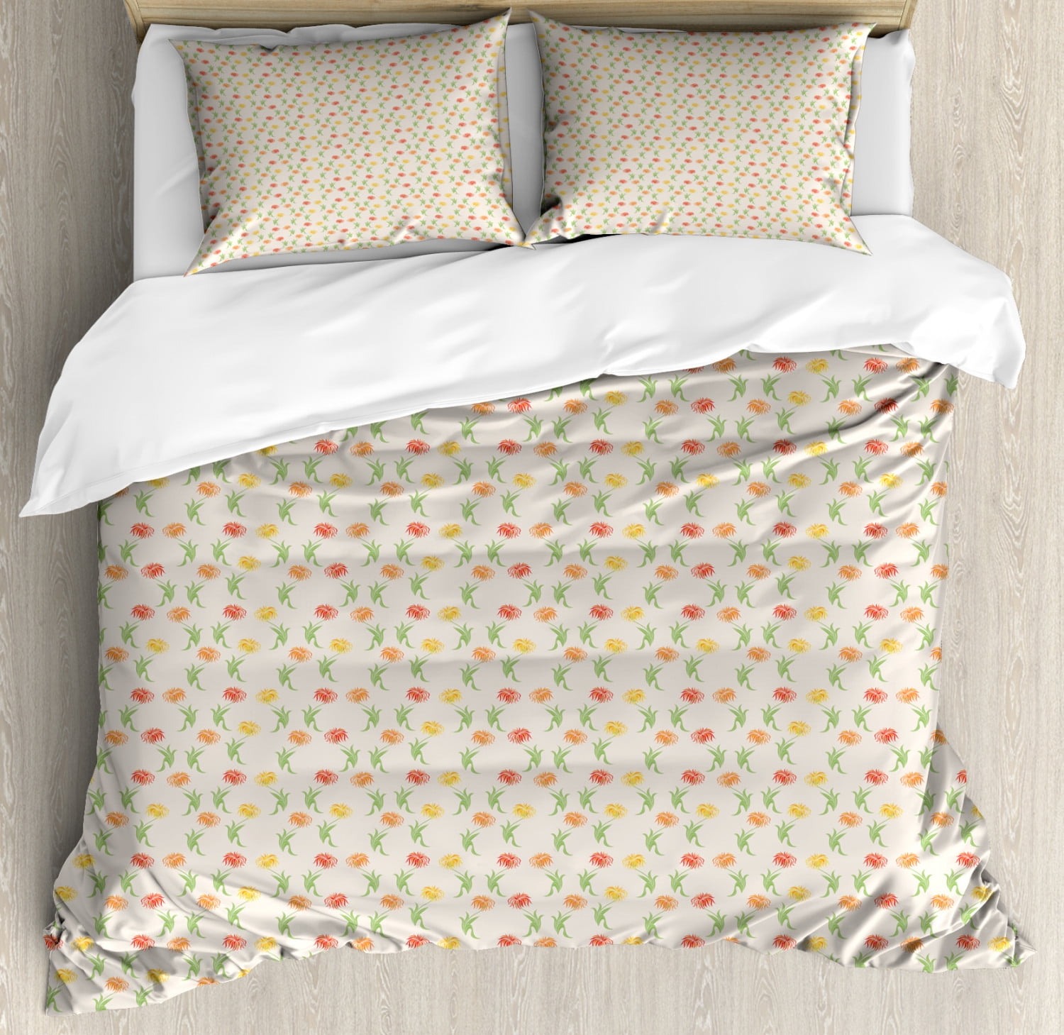 Orange and Yellow Duvet Cover Set, Repeating Pattern of Wild Floral