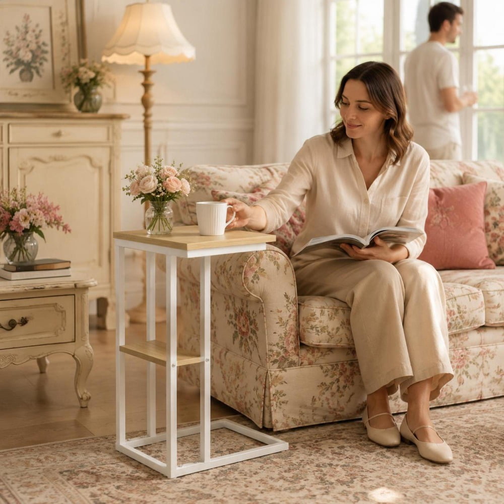 C-Shaped Accent Table with natural wood-look top and white metal frame suitable for use as end table or side table