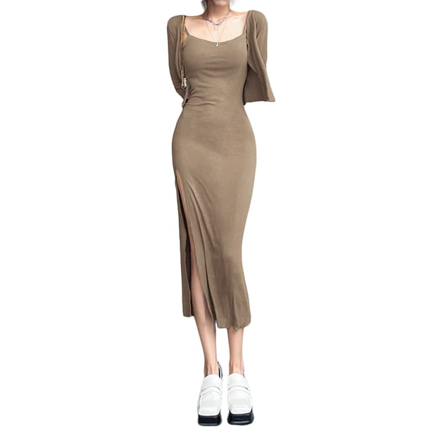 Txlixc Vestido de mujer de moda medio largo con tirantes sin mangas de color sólido y tirantes de hombro delgado Txlixc moda