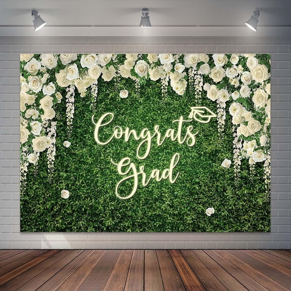 Green Leaves Floral Graduation Backdrop White Roses Congrats Grad Photography Background Flower Blossom Grass Wall Class of 2026 Party Decorations Banner Supplies Photo Booth Props