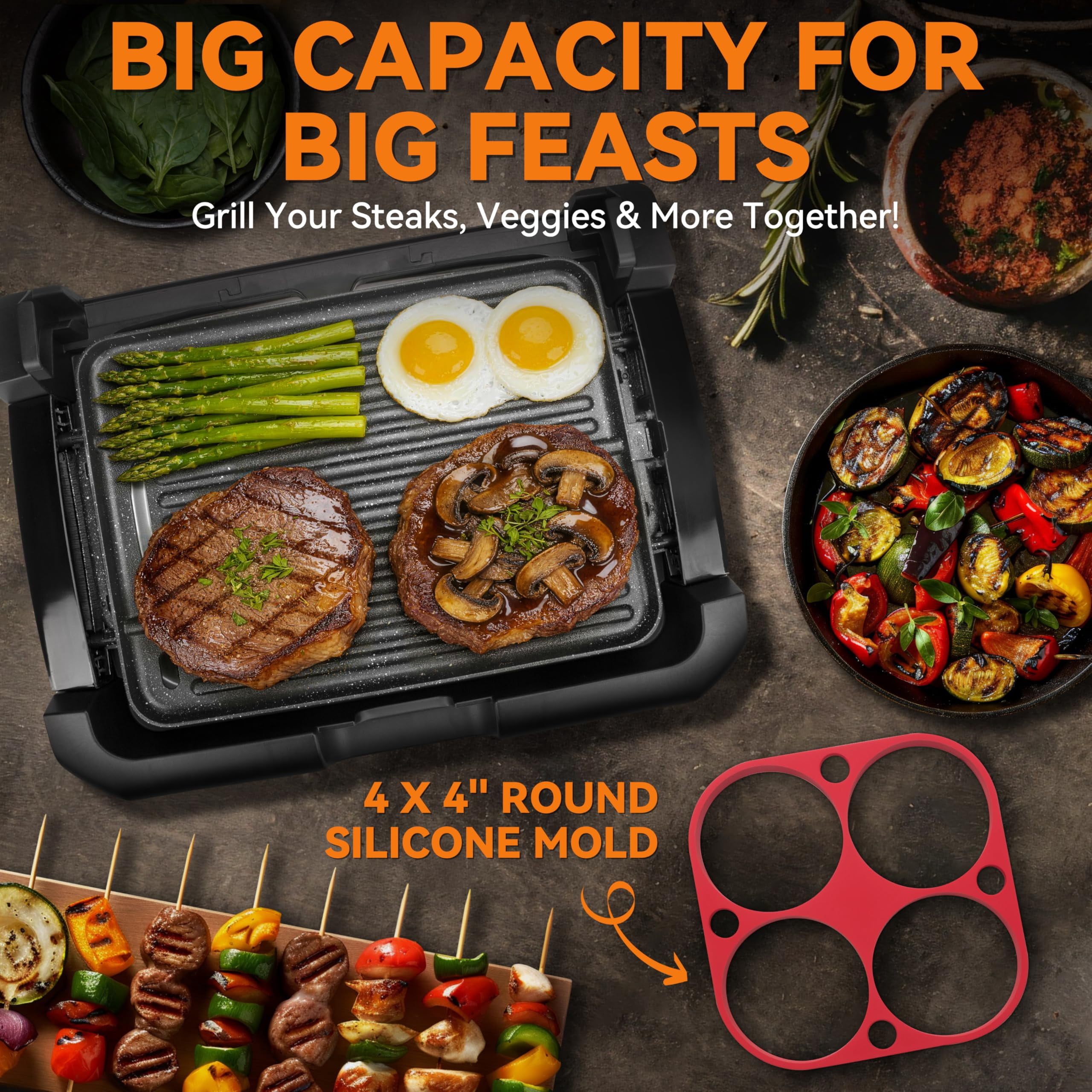 Electric Griddle & Grill, Stainless Steel, 2-in-1 Reversible Plate