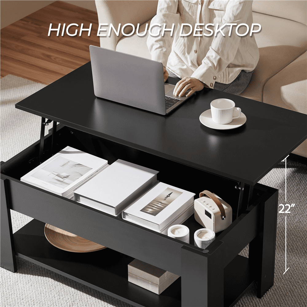 Alden Design Modern 39" Wood Lift Top Coffee Table with Lower Shelf for Living room, Black