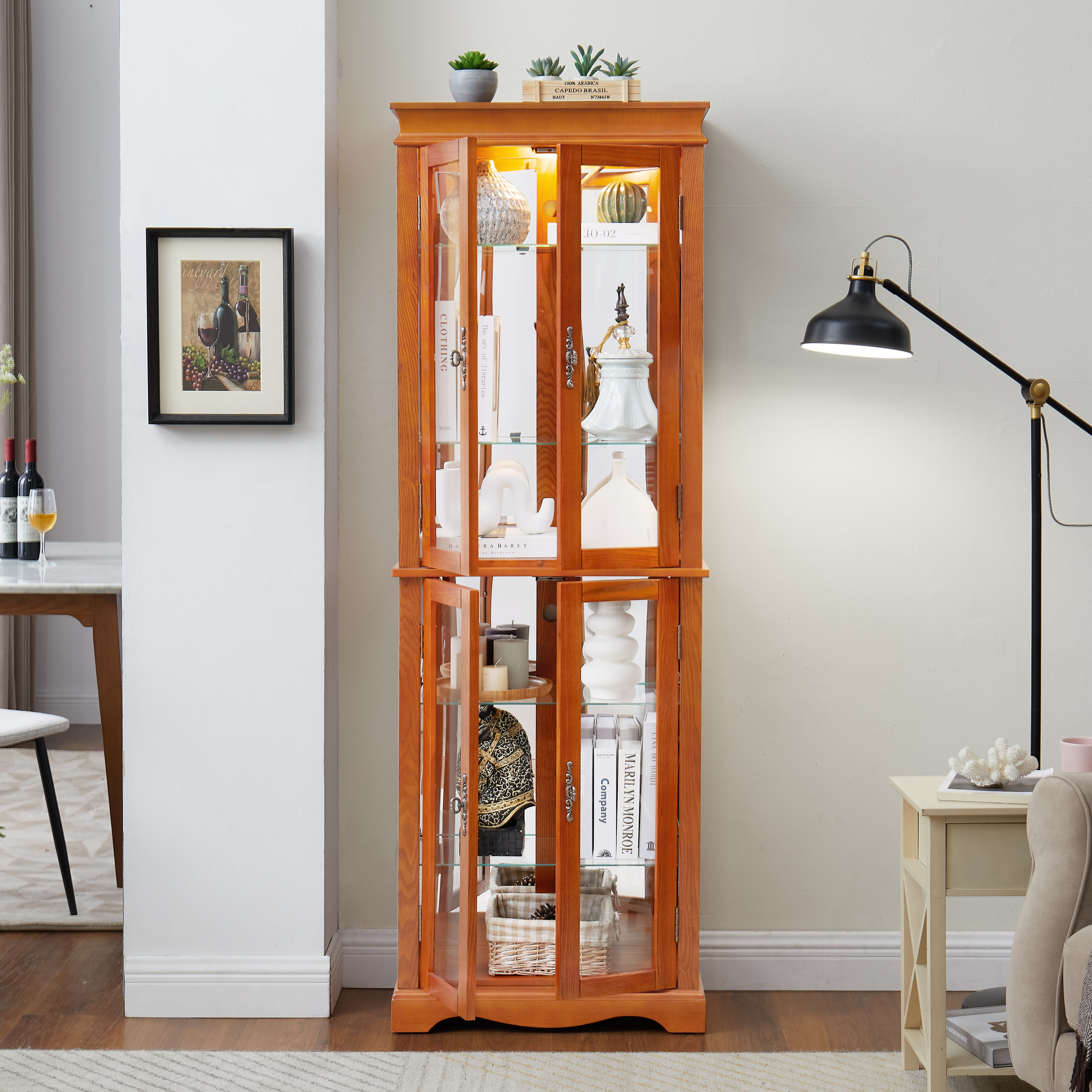 Noble House Wrenhill 70" Lighted Glass Curio Display Cabinet, 6-Tier Adjustable Shelves Wood Frame, Kitchen, Dark Oak