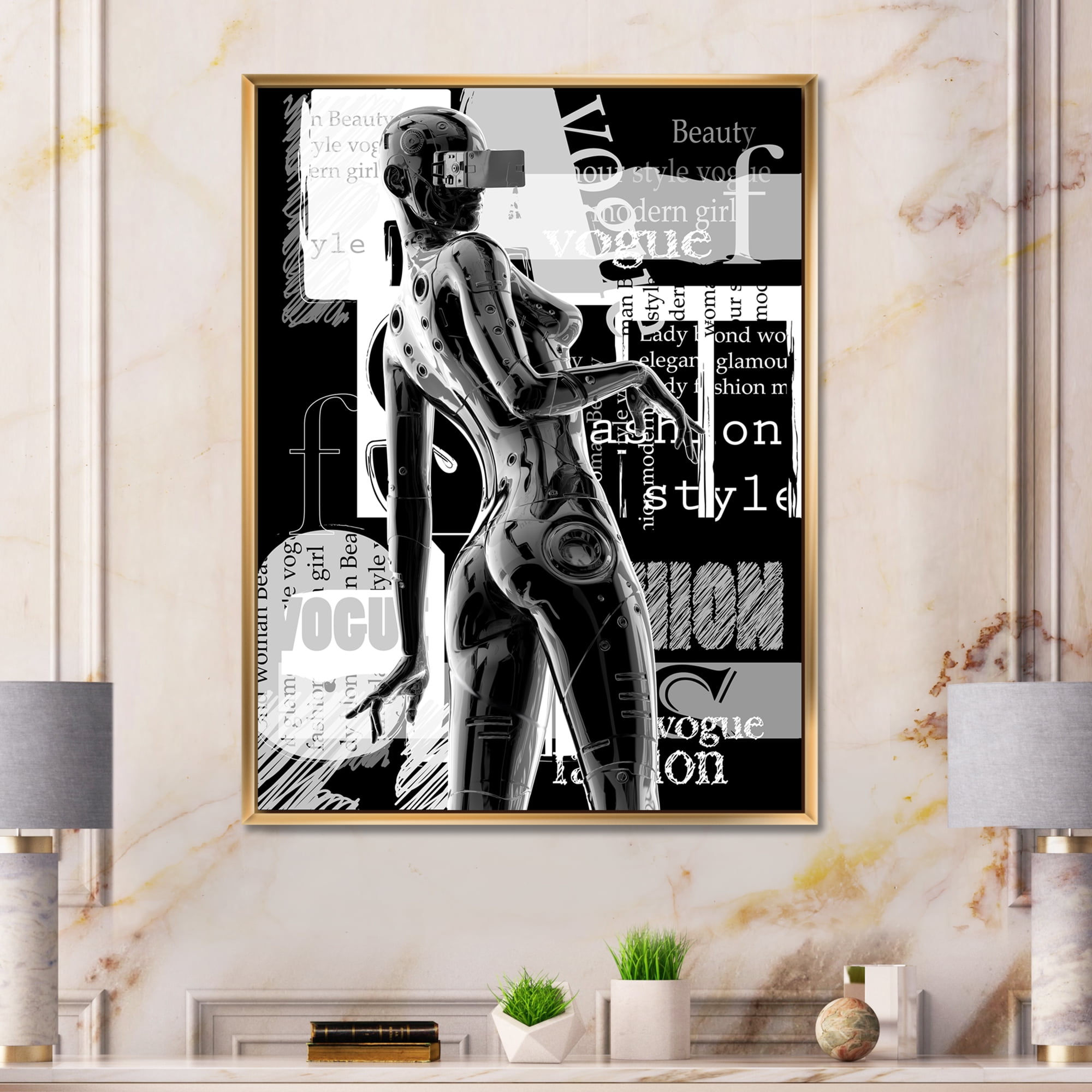 Designart 'Black and White Cyborg Body I' Modern Framed Canvas Wall Art Print